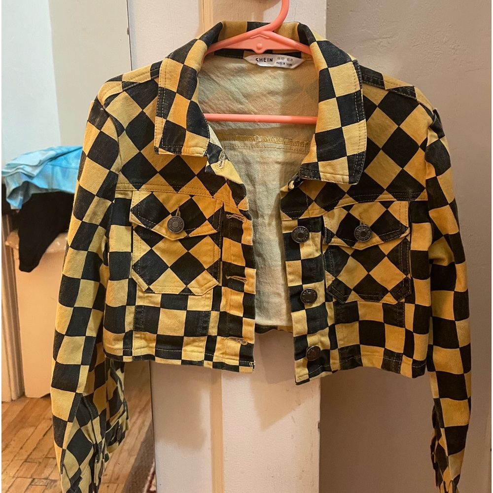 Black Yellow Checkered Cropped Jacket Button Close Button Cuffs Pockets Girls, 7